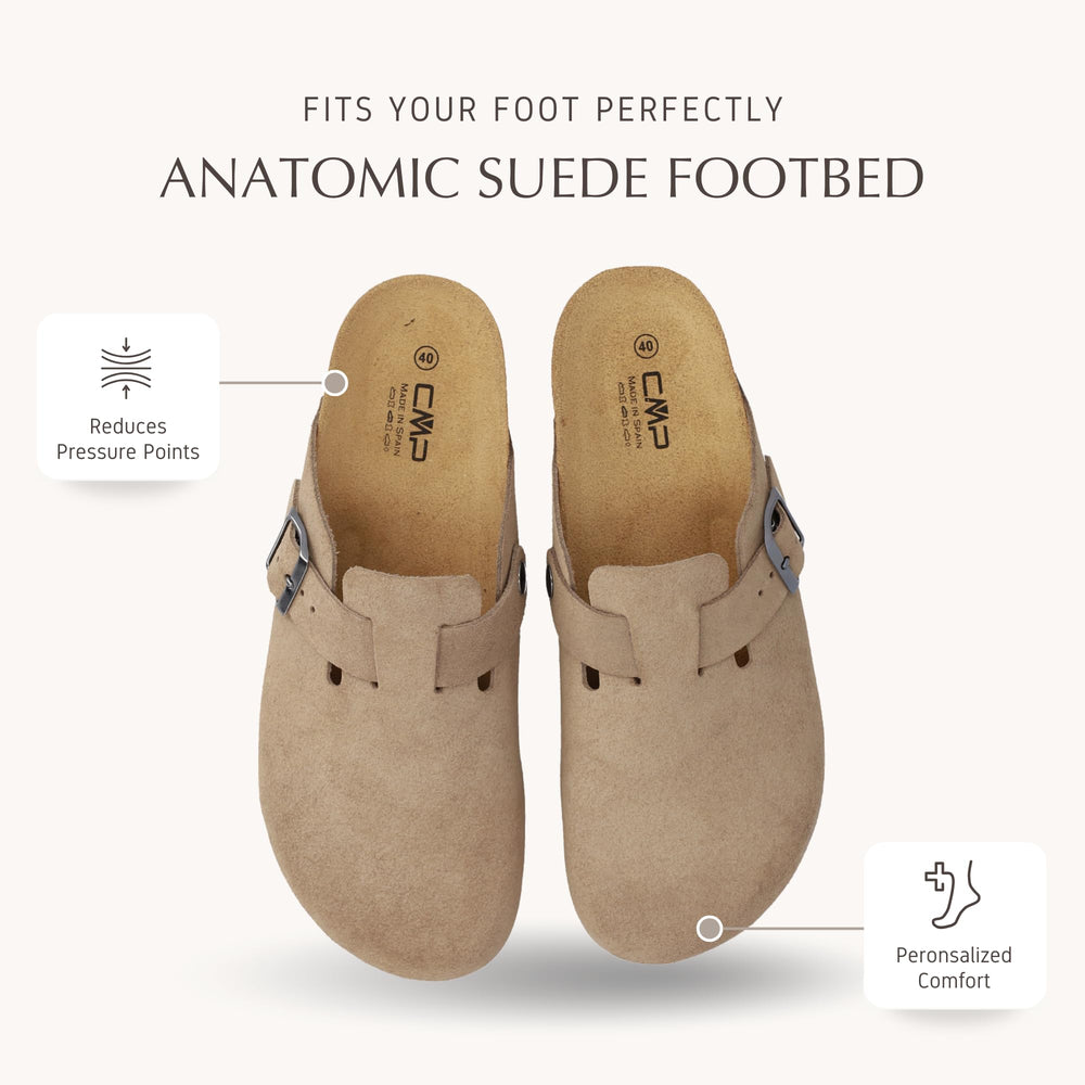 CMP NAVARRO Women’s Suede Slippers – Premium Italian-Style Indoor/Outdoor Slip-On House Shoes – Anatomic Cork Footbed, Arch Support & EVA Sole – Made in Europe