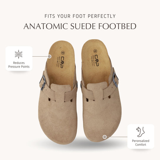 CMP NAVARRO Women’s Suede Slippers – Premium Italian-Style Indoor/Outdoor Slip-On House Shoes – Anatomic Cork Footbed, Arch Support & EVA Sole – Made in Europe